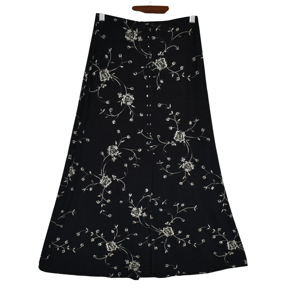 Vintage 90s Floral Midi Skirt Womens S Black Button Down Slinky Drapey Romantic